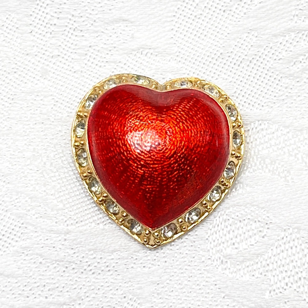 Vintage Victoria's Secret Red Puffy Enamel Gold Tone Heart Brooch w/ Rhinestones